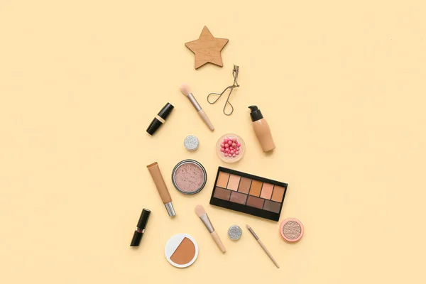 Different Decorative Cosmetics Christmas Decoration Yellow Background — Stock Photo, Image