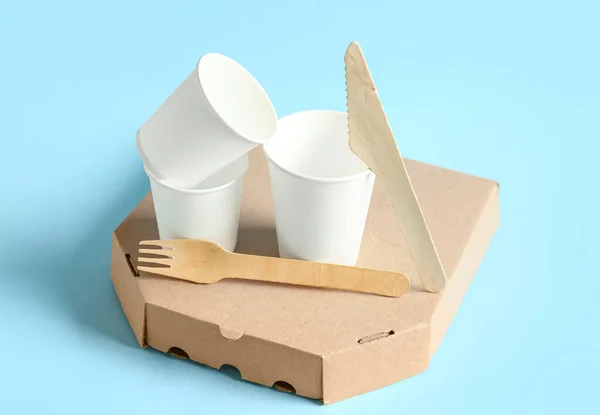Takeaway Paper Cups Cutlery Pizza Box Blue Background — Stock Photo, Image