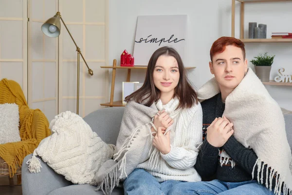 Young couple with warm plaid at home on winter day