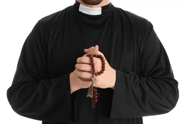 Young Priest Praying Beads White Background Closeup — Stock Photo, Image