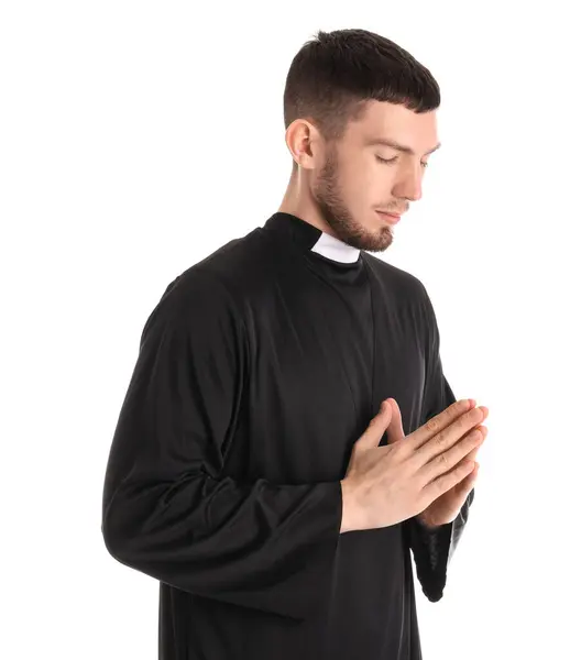 Young Priest Praying White Background — Stock Photo, Image