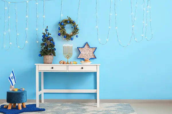 Interior Festive Living Room White Table Fir Tree Traditional Hanukkah — Stock Photo, Image