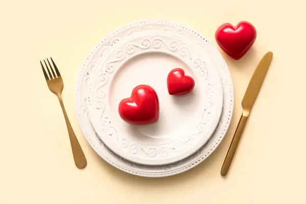 Beautiful Table Setting Valentine Day Yellow Background Royalty Free Stock Photos