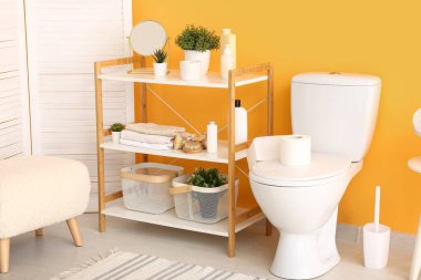 Tuvalet kağıdı ruloları ve bitkileri olan modern tuvaletler.