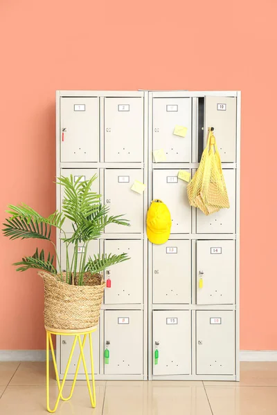 Modern locker with string bag, cap and palm near pink wall