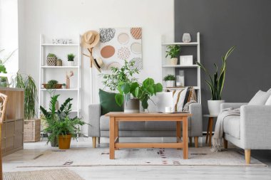 Gri kanepeli modern oturma odasının içinde.