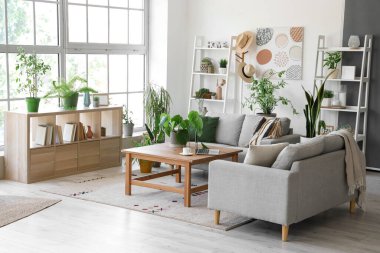 Gri kanepeli modern oturma odasının içinde.