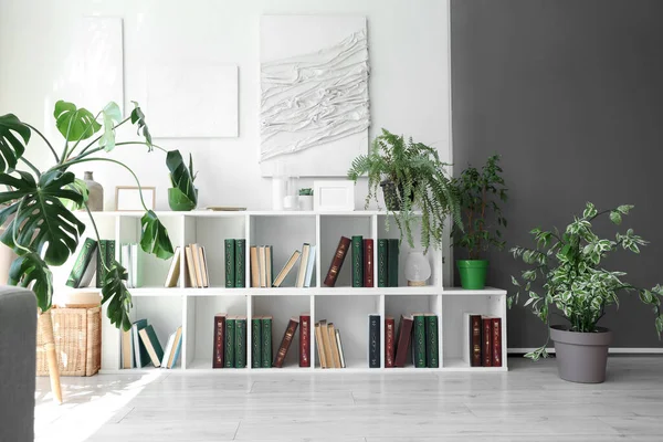 Shelving unit with books and houseplants in modern living room
