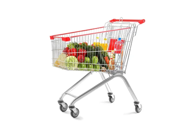 Shopping Cart Full Food White Background — Stock Photo, Image