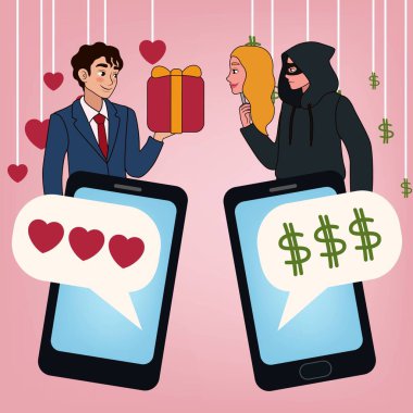 Cep telefonları, genç adam ve pembe arka plandaki sahte erkek arkadaşı. İnternet dolandırıcılığı kavramı