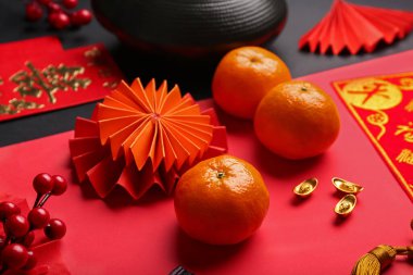 Renkli arkaplanda doğu sembolleri olan Mandarinler. Yeni yıl kutlaması