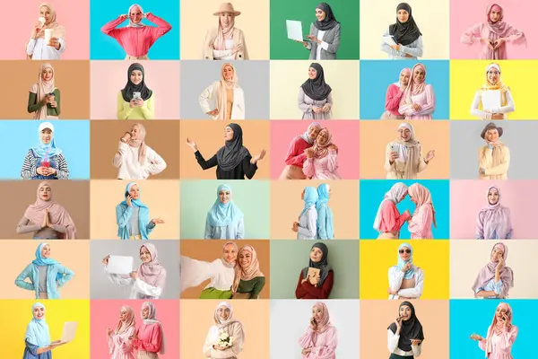 Conjunto Jóvenes Musulmanas Sobre Fondo Color —  Fotos de Stock