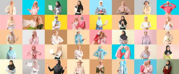 Gran Collage Mujeres Jóvenes Musulmanas Sobre Fondo Color —  Fotos de Stock