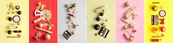 Collage of Christmas decorations with makeup cosmetics on color background