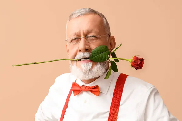 Mature man with rose flower on beige background. Valentine\'s day celebration