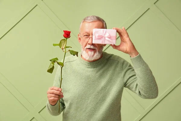 Mature man with rose flower and gift for Valentine\'s day on green background
