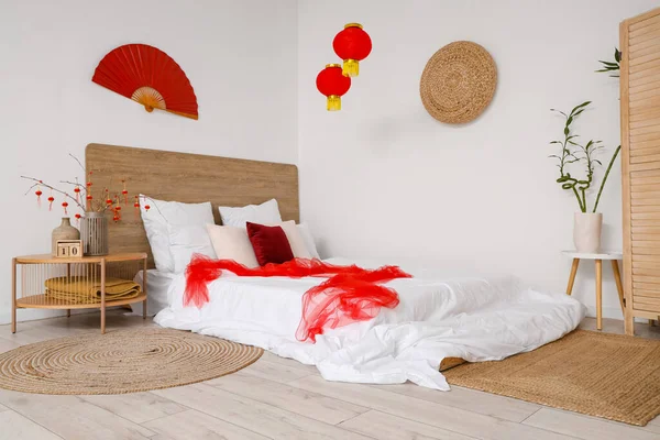 Interior of festive bedroom decorated for Chinese New Year celebration