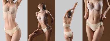 Renkli iç çamaşırlı zayıf genç bir kadınla kolaj.