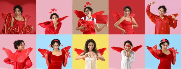 Colagem Bela Jovem Mulher Vestida Como Cupido Fundo Cor Celebração — Fotografia de Stock