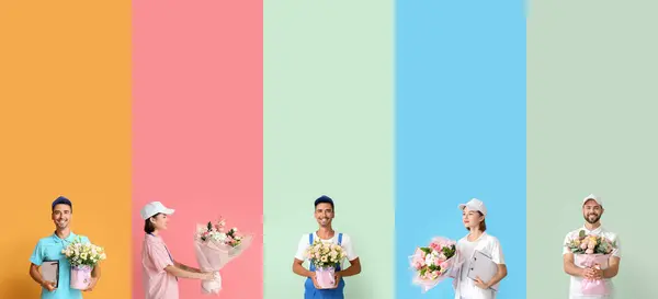 Set of different couriers with bouquets of flowers on color background