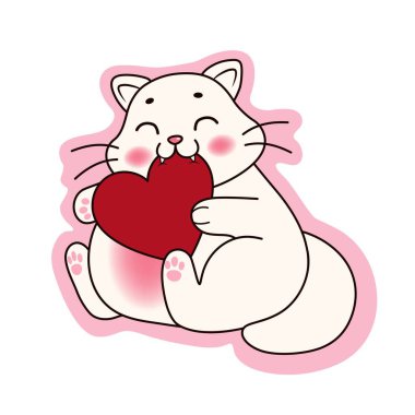 Cute cat with red heart on white background. Valentine's Day celebration