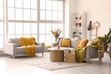 Gri koltuklu oturma odasının içi.