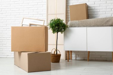 Taşındığı gün oturma odasında karton kutular var.