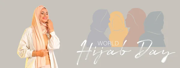 Banner Para Día Mundial Del Hiyab Con Hermosa Mujer Musulmana —  Fotos de Stock