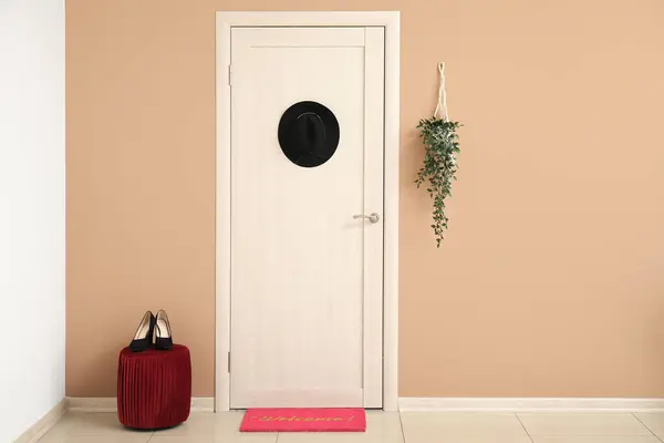 Interior of hall with door, mat and pouf