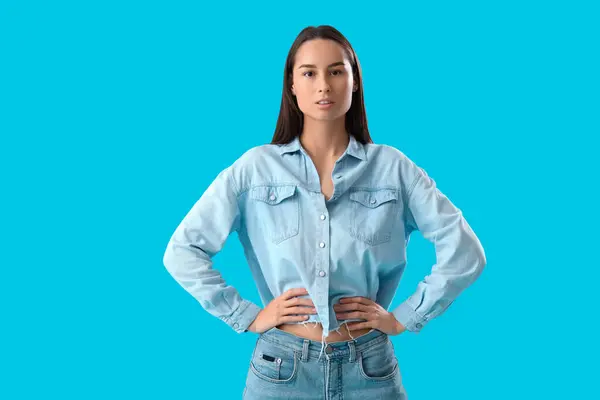 Stylish Young Woman Denim Shirt Blue Background — Stock Photo, Image