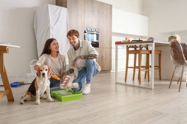 Yeni evlerinde tamirat sırasında boya silindirli ve Beagle köpekli genç bir çift.