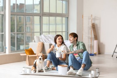 Yeni evlerinde tamirat sırasında boya kutusu ve tazı köpeği olan genç bir çift.