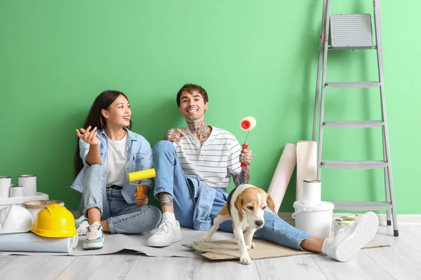Young couple with painting tools and Beagle dog sitting near green wall during repair in their new house