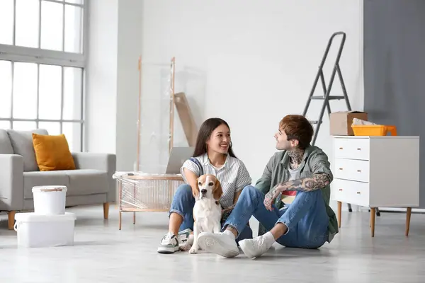 Young couple with Beagle dog sitting during repair in their new house
