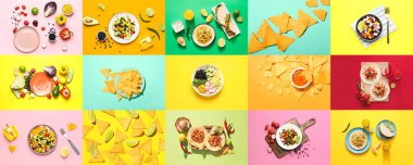 Renkli arka planda geleneksel Meksika yemekleri seti, üst görünüm