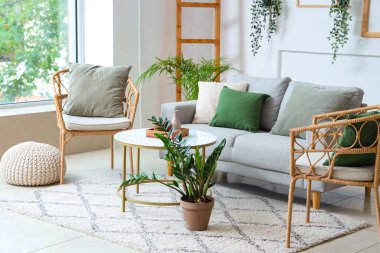 Aydınlık oturma odasının içinde bitkiler, kanepe ve koltuklar var.