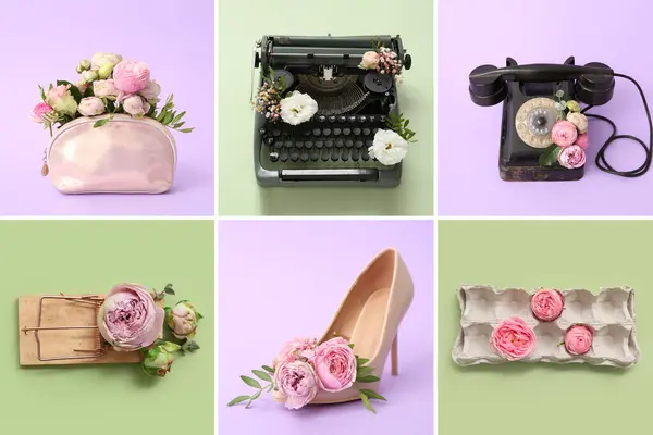 Collage of different items with beautiful flowers on lilac and green backgrounds