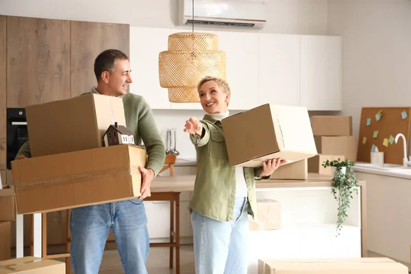 Mature couple with cardboard boxes and keys from their new flat in kitchen on moving day