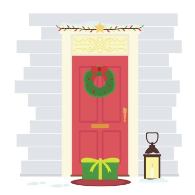 Noel hediyeli kırmızı kapı ve beyaz arka planda çelenk.