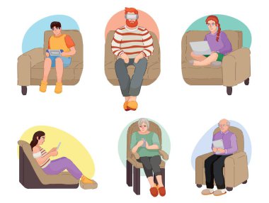 Beyaz arka planda farklı modern aygıtlar kullanan bir grup insan