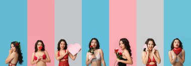 Renkli iç çamaşırlı seksi bir kadın grubu. Sevgililer Günü kutlaması