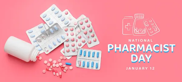 Banner for National Pharmacist Day with many pills