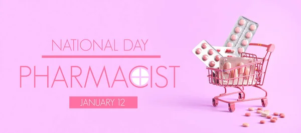 Banner for National Pharmacist Day with shopping cart full of pills