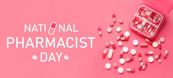Banner for National Pharmacist Day with container and many pills