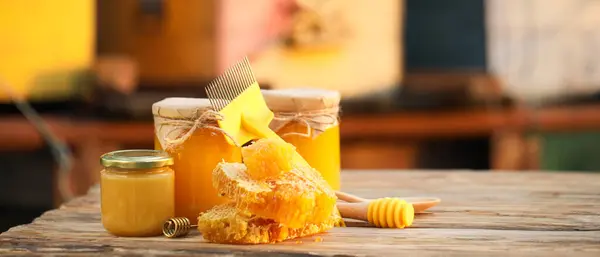 Jars Sweet Honey Combs Table Apiary — Stock Photo, Image
