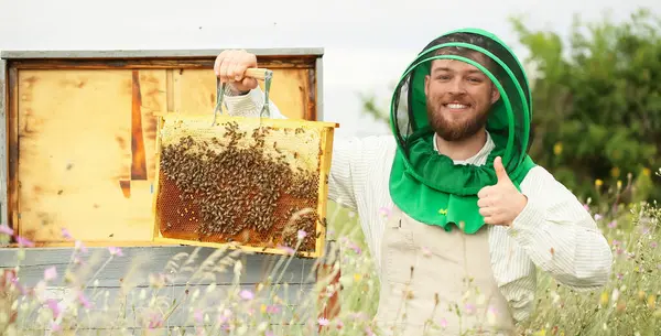 Happy beekeeper showing thumb-up at apiary