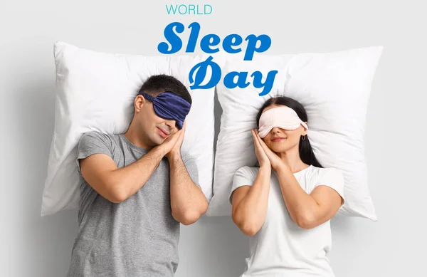 Banner for World Sleep Day with young couple in pajamas, with pillows and masks