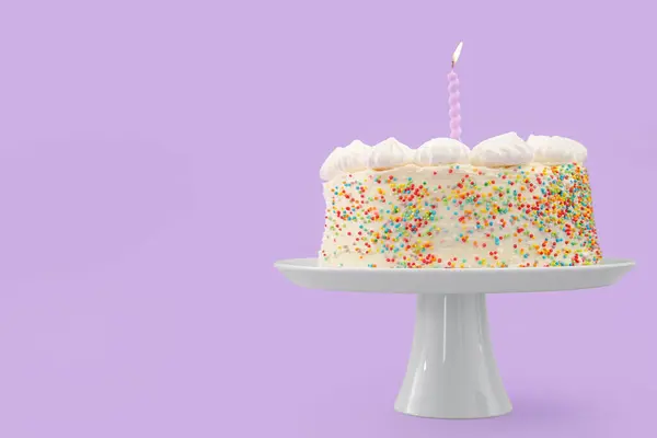 Stand with yummy Birthday cake on lilac background