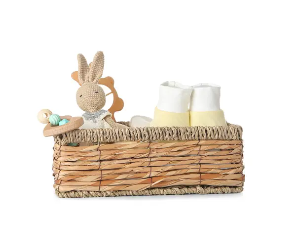 Wicker Basket Gifts Baby Isolated White Background — Stock Photo, Image