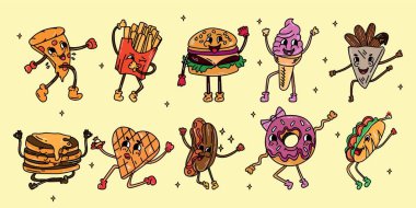Sarı arka planda komik fast food seti